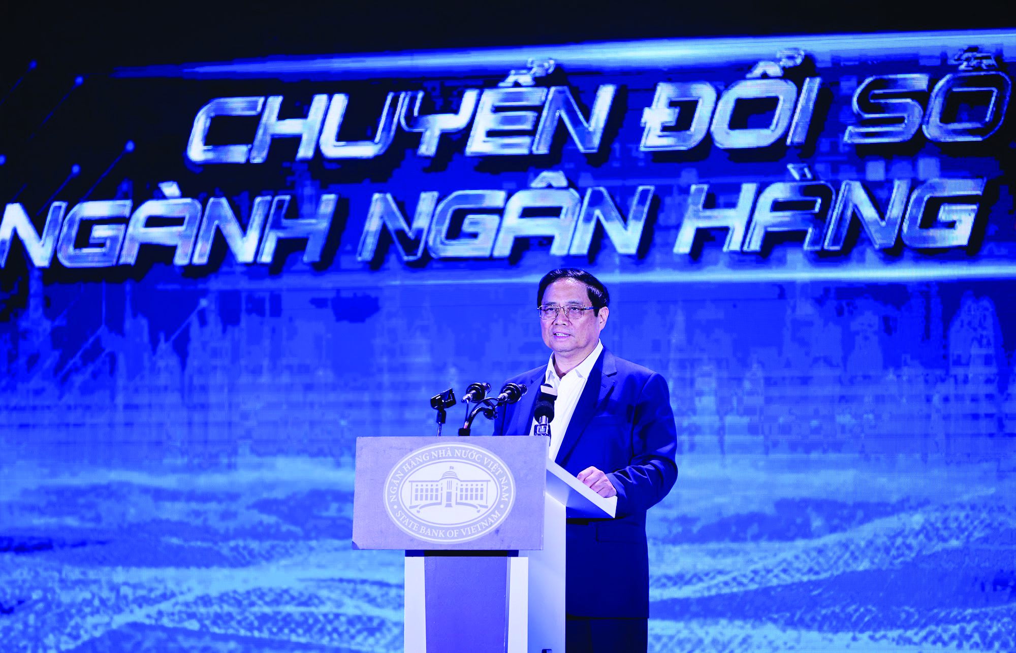 Ủy viên Bộ Chính trị, Thủ tướng Chính phủ Phạm Minh Chính phát biểu tại Ngày Chuyển đổi số ngành Ngân hàng năm 2024, ngày 08/5/2024.